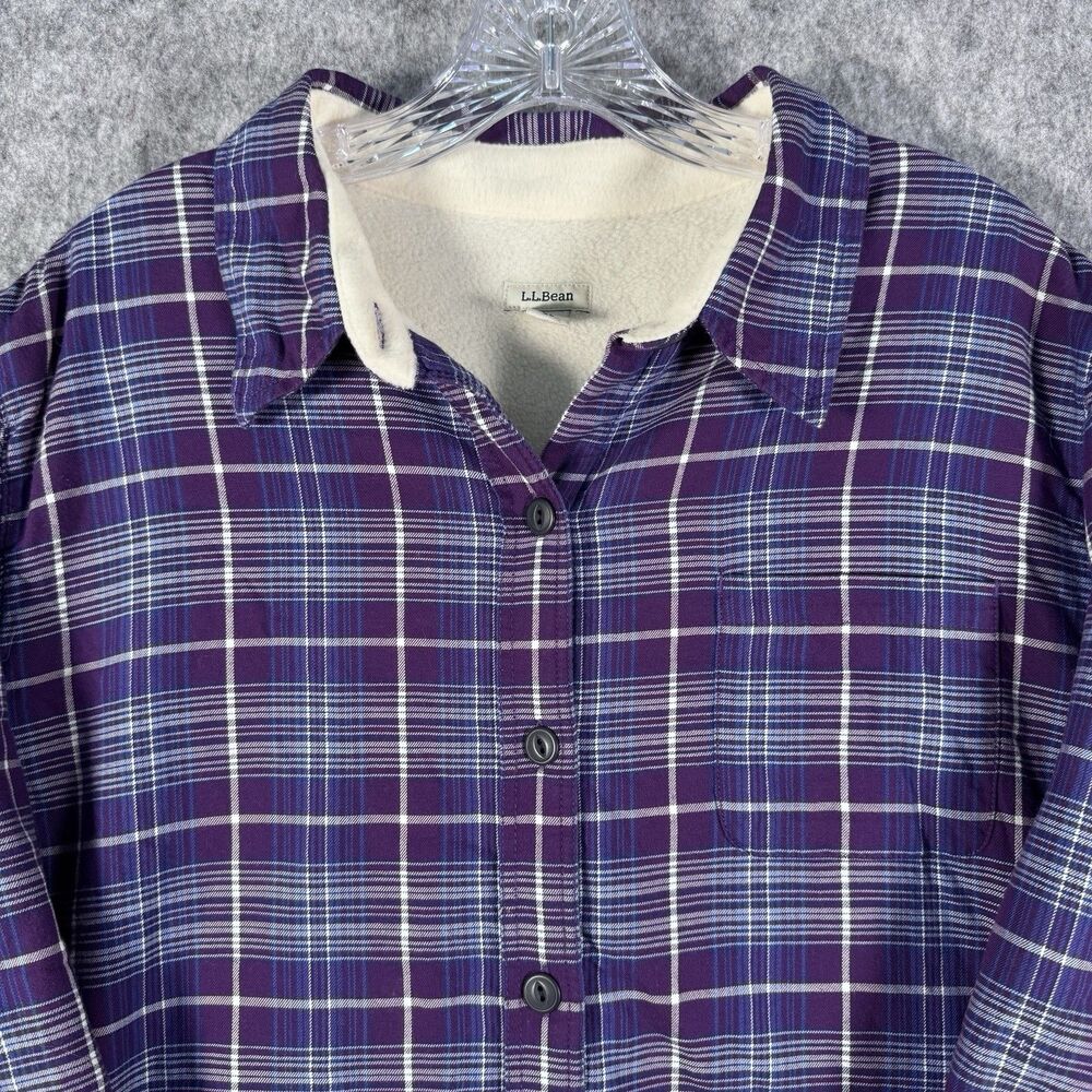 LL Bean Flannel Shirt Womens XL Purple Fleece Lined Long Sleeve Shacket